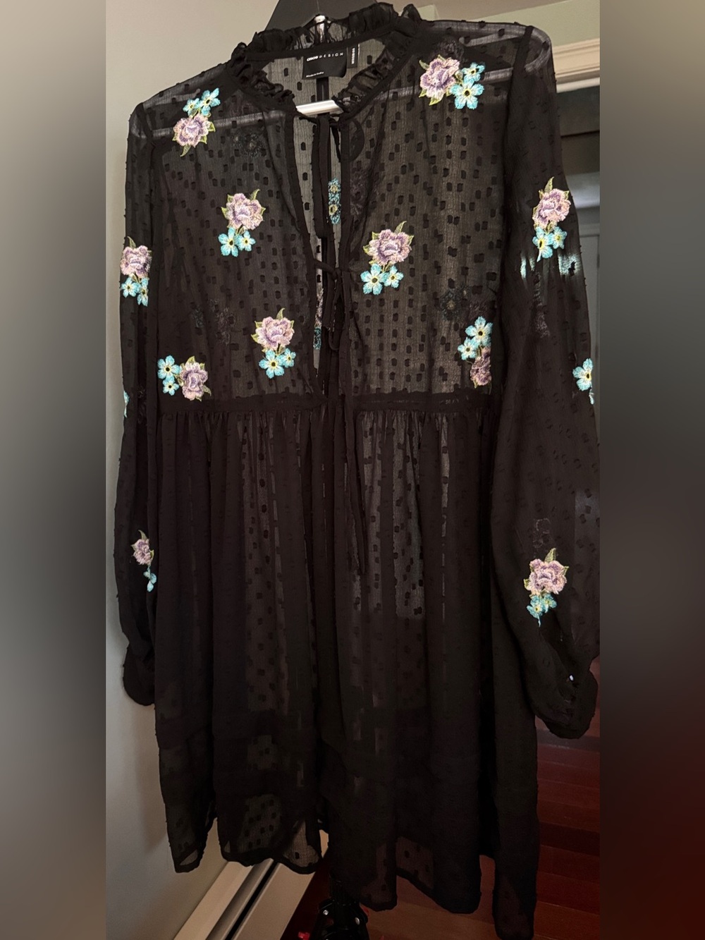 ASOS Black Dress-Tunic Floral Embroidery Sheer Swiss Dot Long-sleeve Size 6